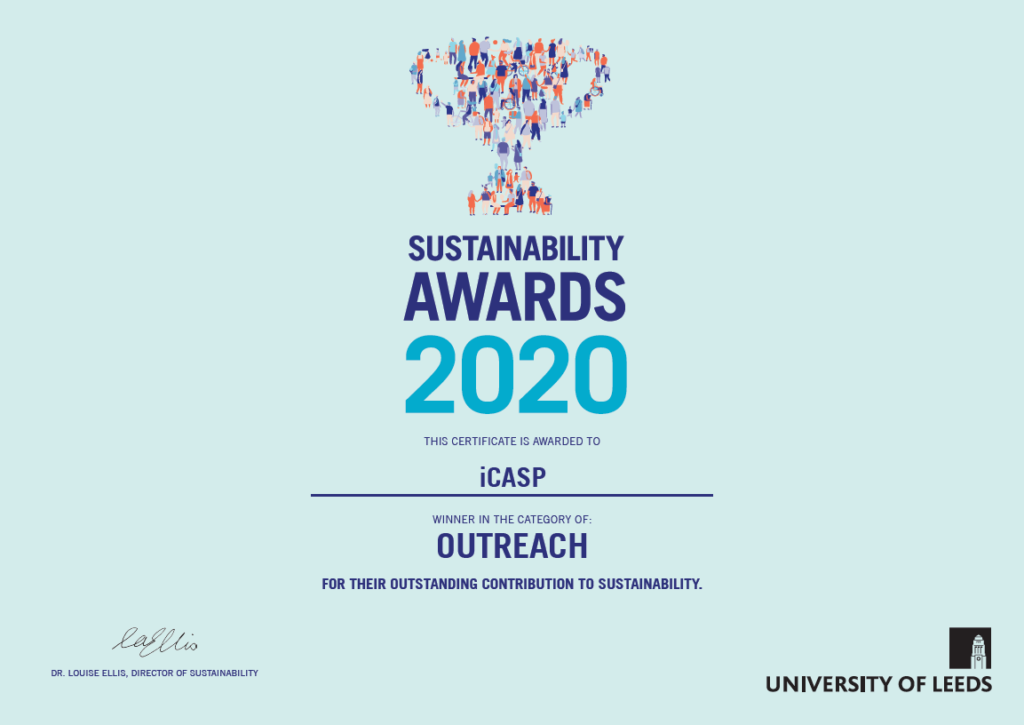 Digital certificate of the Sustainability Awards 2020 outreach category awarded to iCASP